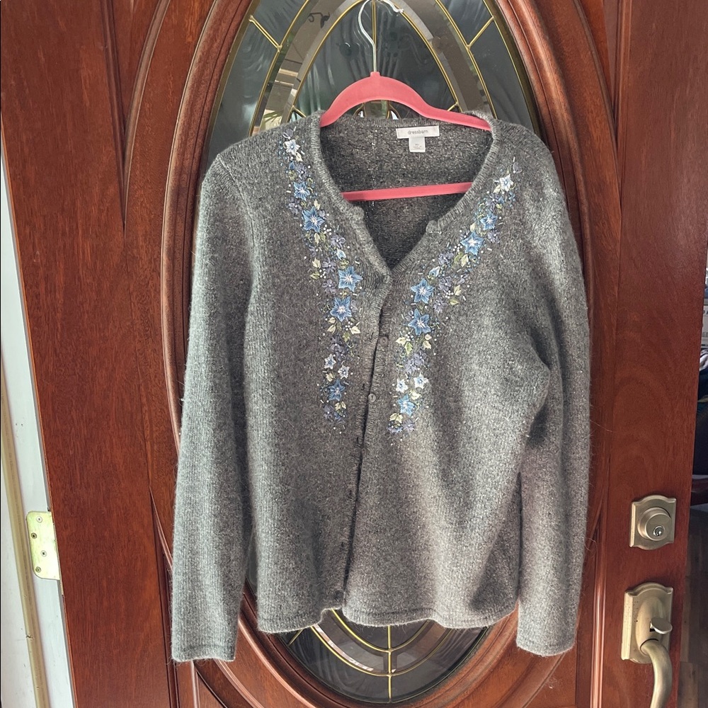 Dress Barn Gray Cardigan with Blue Floral Design xl